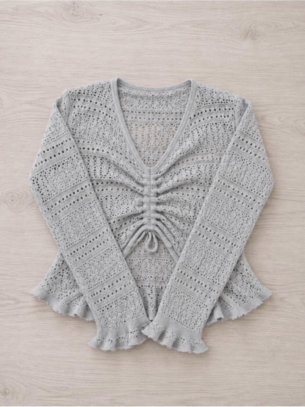 Light Gray V-Neck Ruched Pointelle Knit Sweater